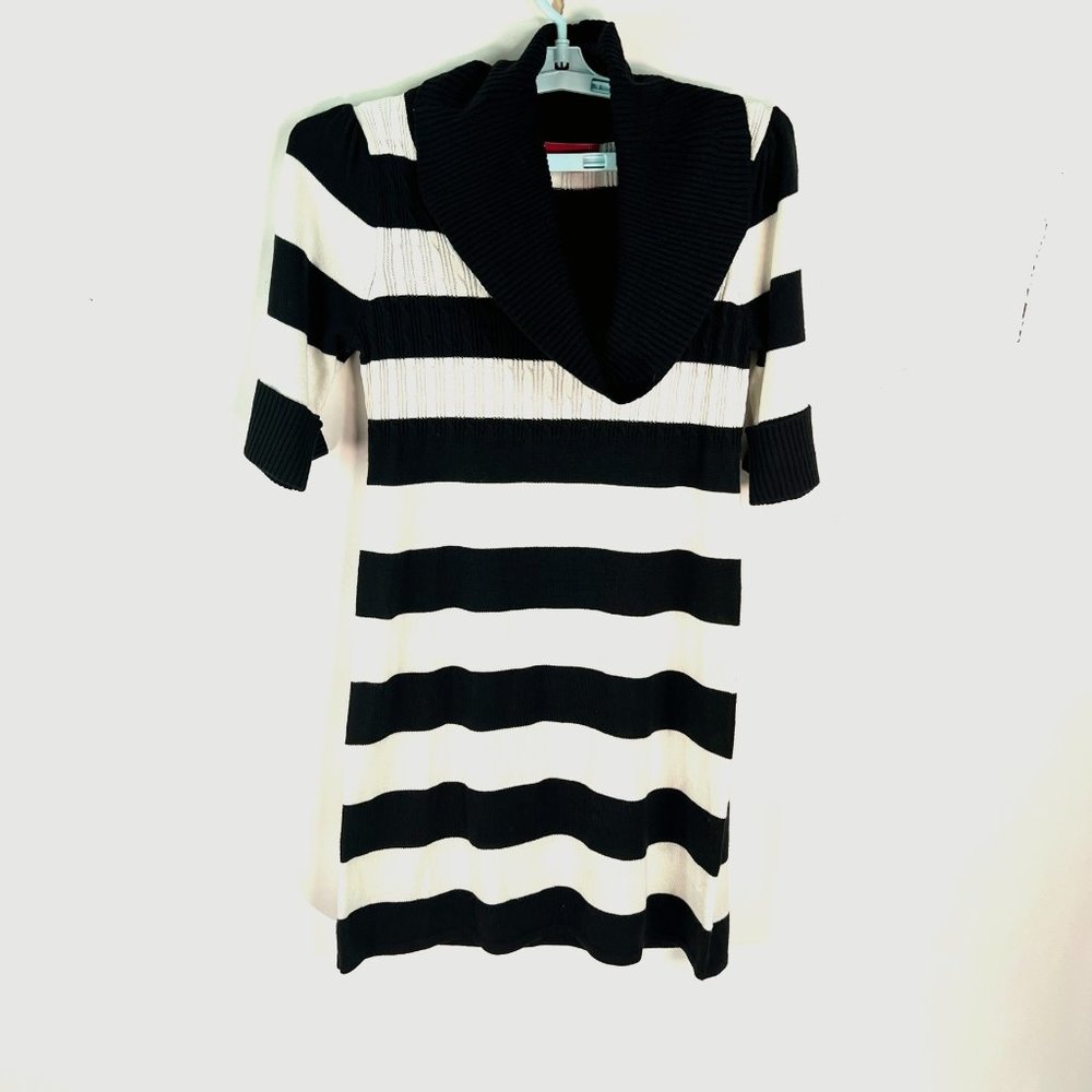 LIV Womens Long Sleeves Cowl Neck Black White Striped Sweater Dress Size M